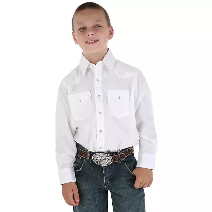 BOY'S WRANGLER WHITE LONG SLEEVE DRESS WESTERN SNAP SHIRT IN WHITE