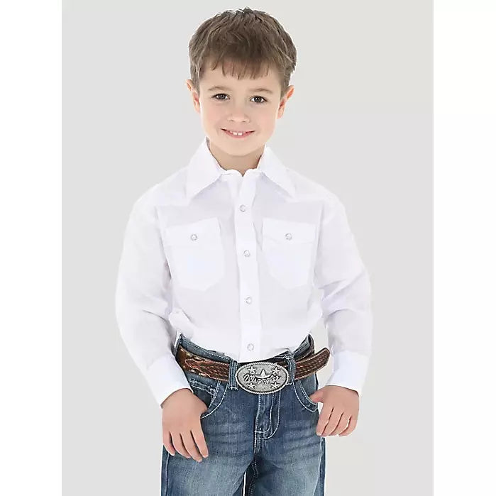 BOY'S WRANGLER WHITE LONG SLEEVE DRESS WESTERN SNAP SHIRT IN WHITE