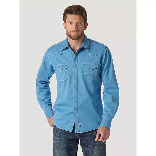 MEN'S WRANGLER® CONTRAST TRIM WESTERN TWO SNAP FLAP POCKET SHIRT IN BLUE