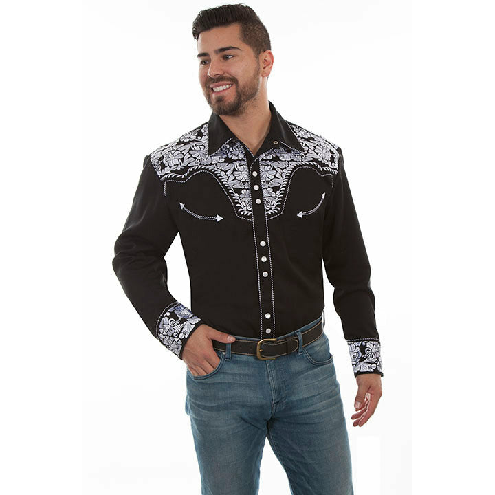 Scully Men's Floral Tooled Black/White Long Sleeve Shirt