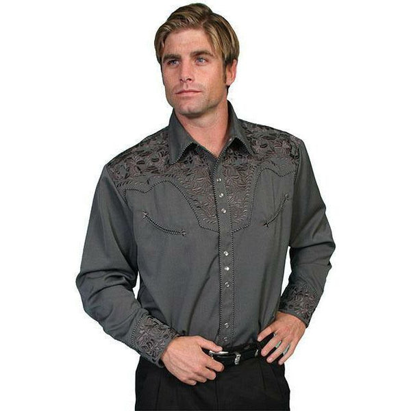 Scully Floral Embroidered Long Sleeve Charcoal Grey Shirt