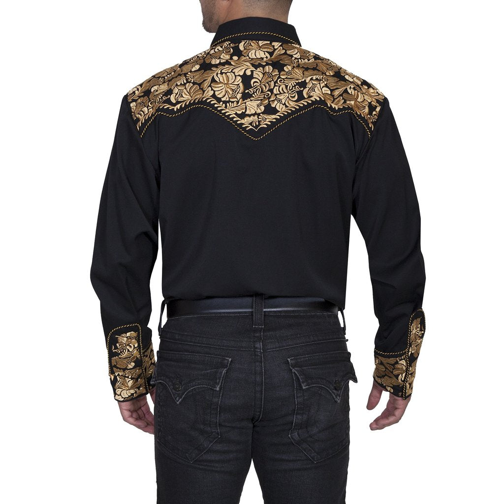 Scully Men's Floral Tooled Black and Gold Shirt