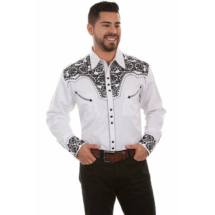 Scully Men's Floral Tooled White and Black Shirt