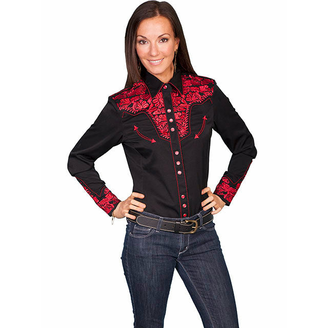 SCULLY WOMEN'S FLORAL TOOLED EMBROIDERED LONG SLEEVE WESTERN SHIRT CRIMSON - CWesternwear