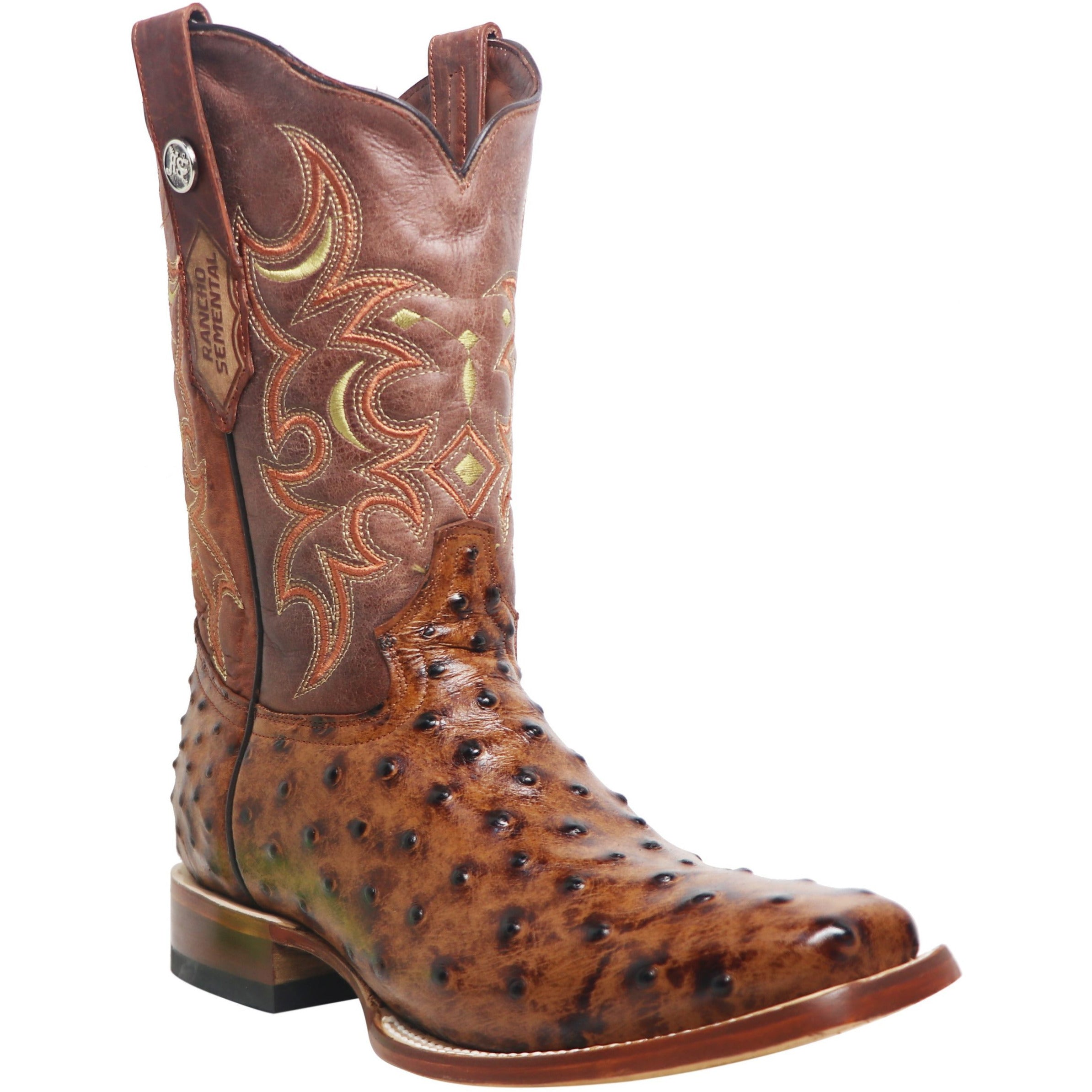Rancho Semental Mens Ostrich Print Rustic Cognac Medium Square Toe