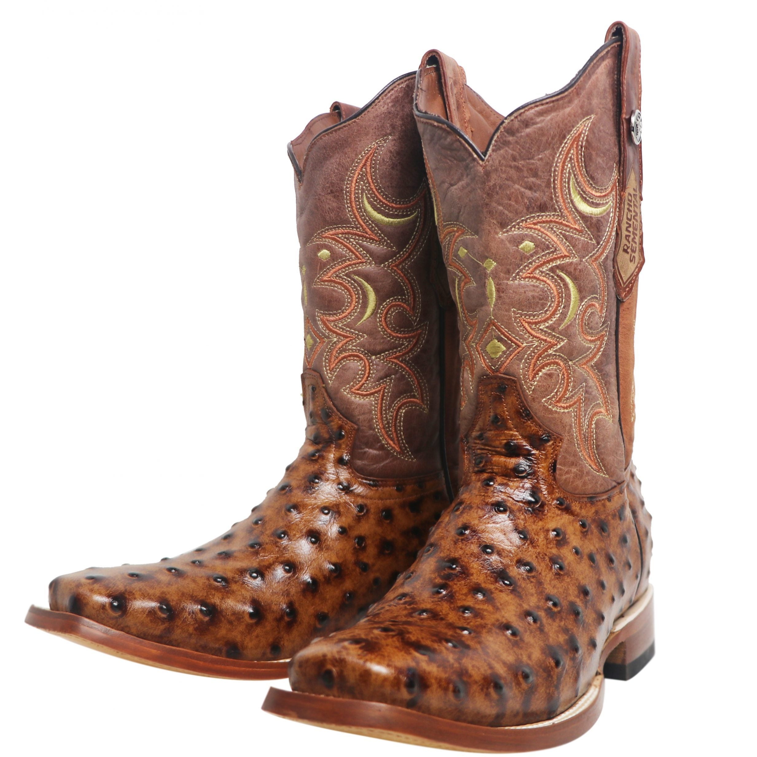 Rancho Semental Mens Ostrich Print Rustic Cognac Medium Square Toe