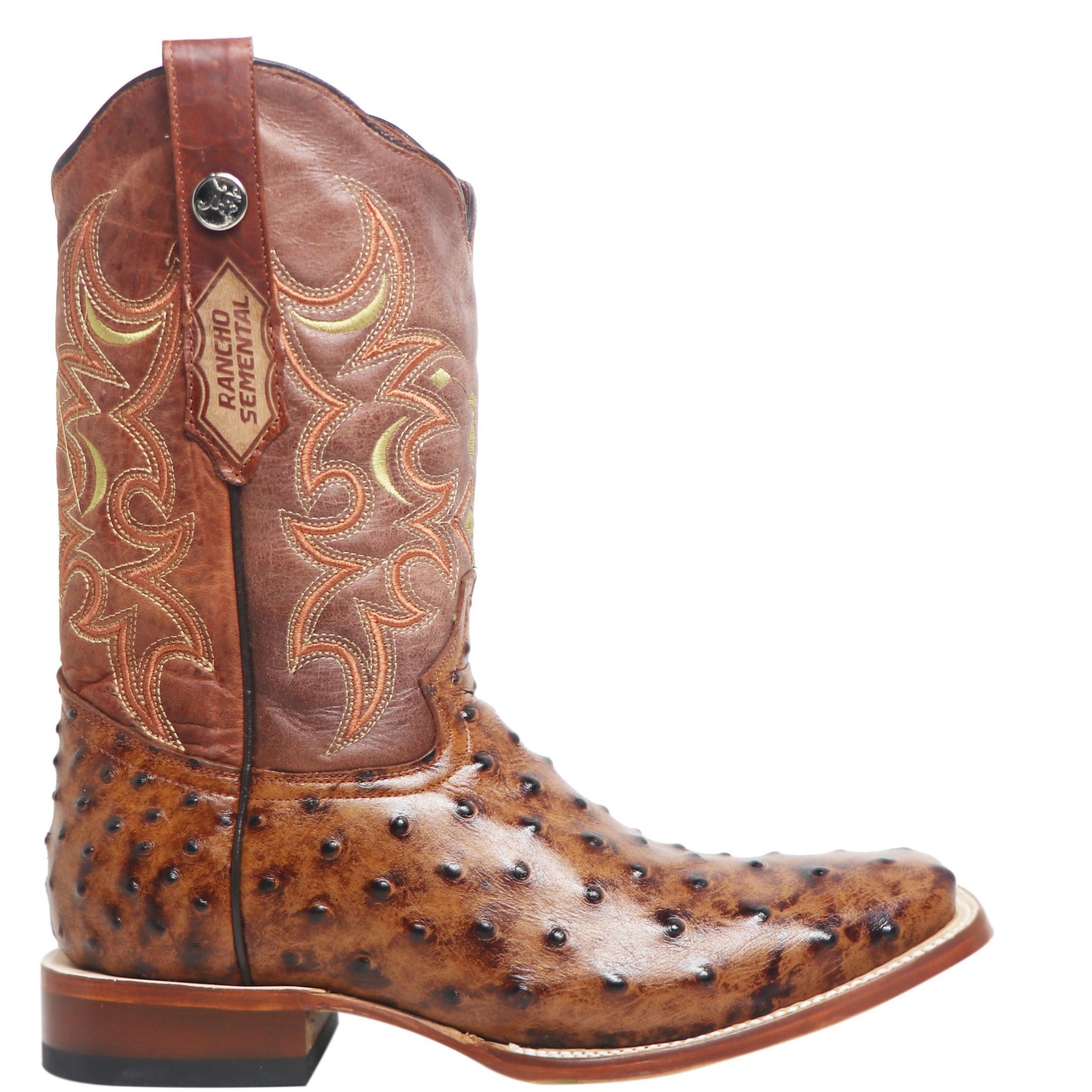 Rancho Semental Mens Ostrich Print Rustic Cognac Medium Square Toe