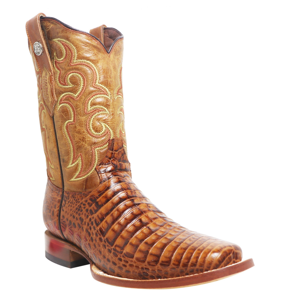 ?Men Natural Caiman Belly Leather Cowboy Bold Crocodile Texture Square Toe Boot Caiman Belly Cognac Wide Square Toe leather boot-JB706  main image 4