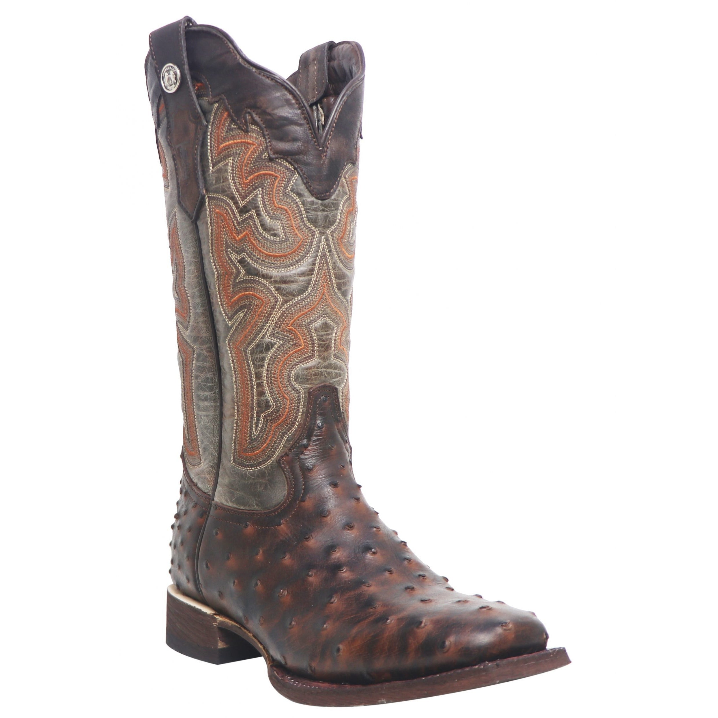 WOMEN’S TANNER MARK OSTRICH PRINT MATTE RUSTIC BROWN W/ ITALO GREY TOP WIDE SQUARE TOE