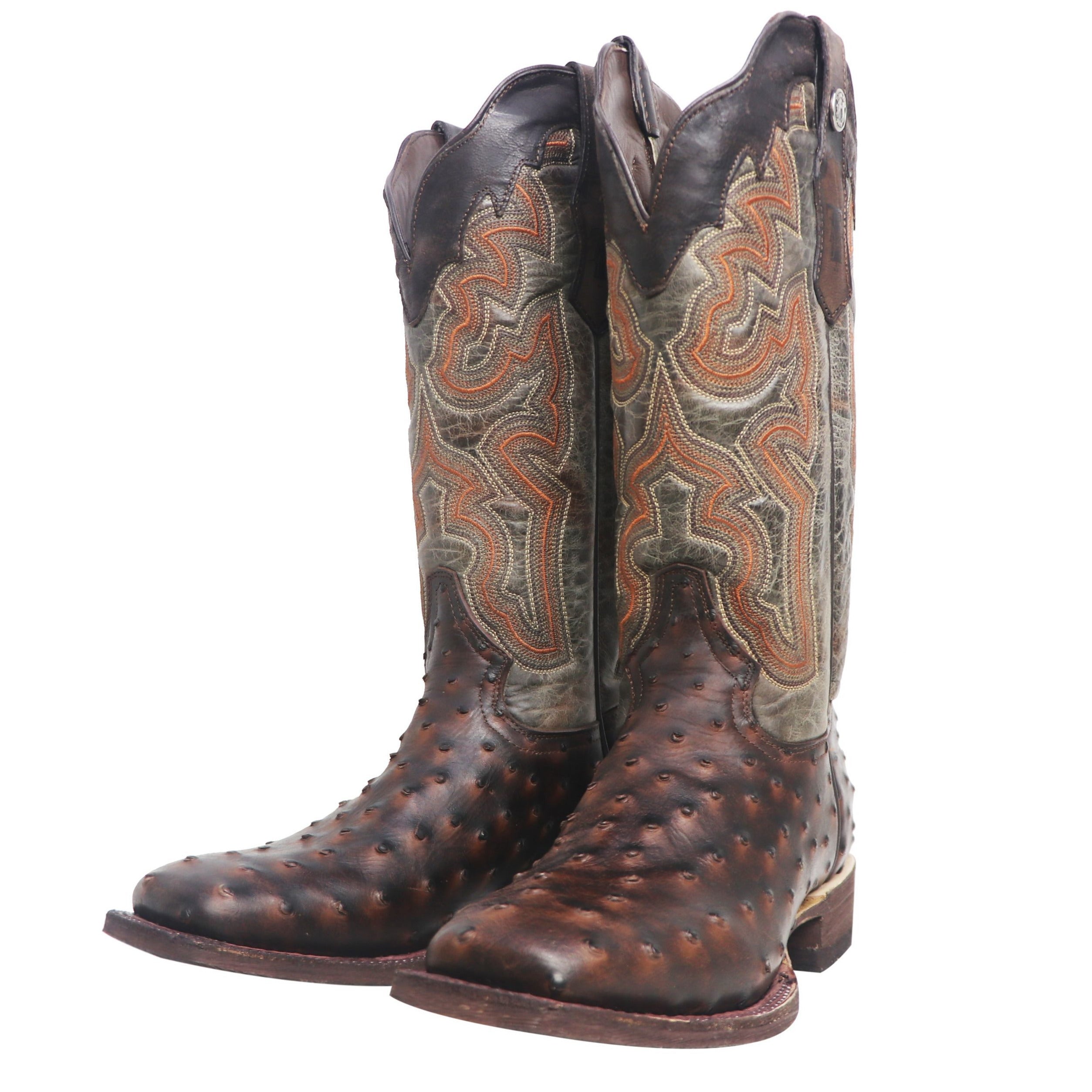 WOMEN’S TANNER MARK OSTRICH PRINT MATTE RUSTIC BROWN W/ ITALO GREY TOP WIDE SQUARE TOE