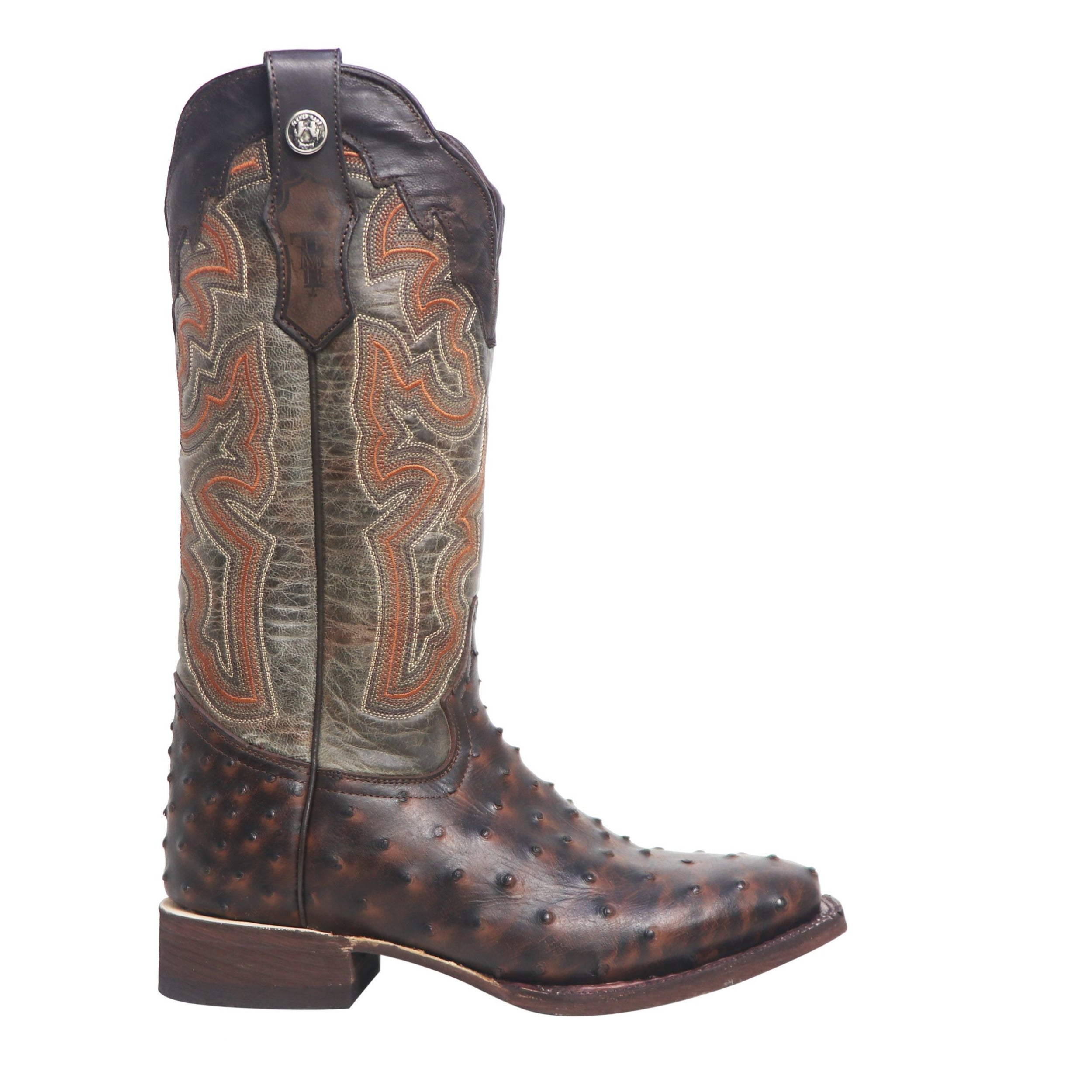 WOMEN’S TANNER MARK OSTRICH PRINT MATTE RUSTIC BROWN W/ ITALO GREY TOP WIDE SQUARE TOE