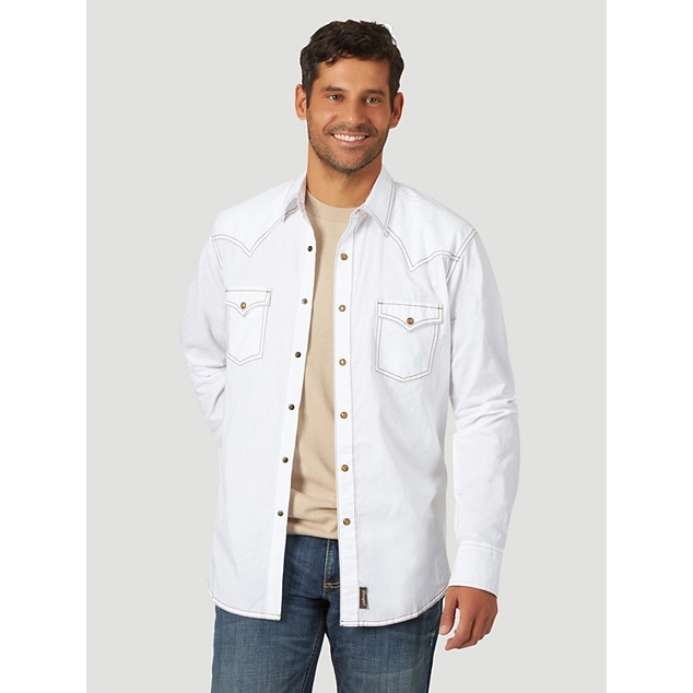 MEN'S WRANGLER RETRO® LONG SLEEVE WESTERN SNAP SOLID DOBBY SHIRT IN WHITE