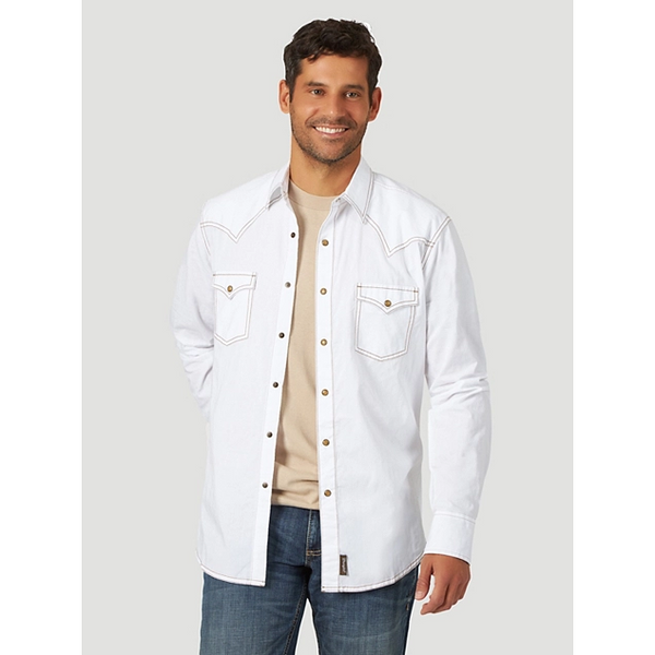 MEN'S WRANGLER RETRO® LONG SLEEVE WESTERN SNAP SOLID DOBBY SHIRT IN WHITE