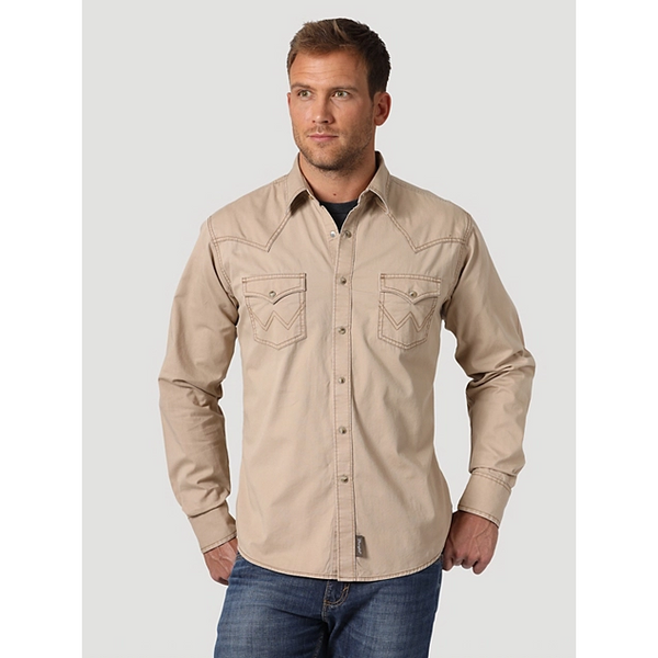 MEN'S WRANGLER® CONTRAST TRIM WESTERN TWO SNAP FLAP POCKET SHIRT IN TAN