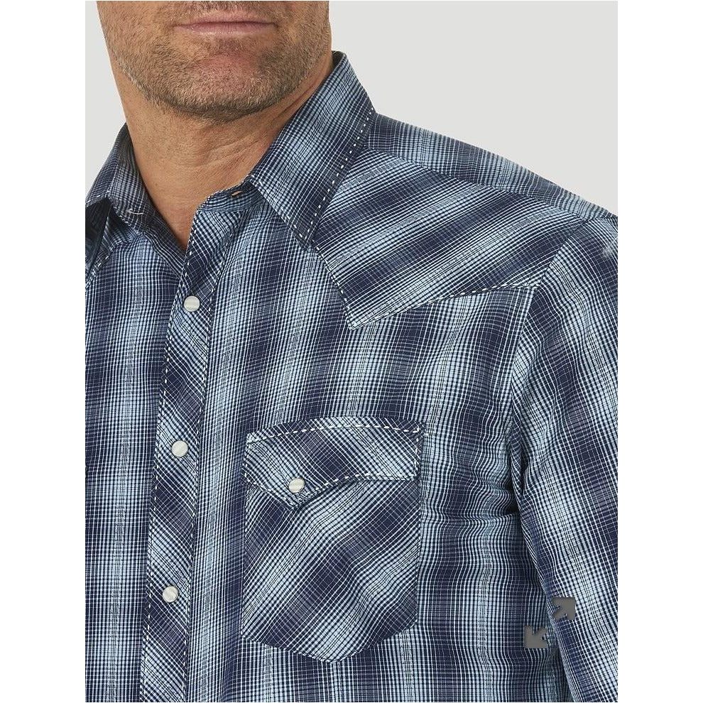 MEN'S LONG SLEEVE FASHION WESTERN SNAP PLAID SHIRT IN DARK BLUE