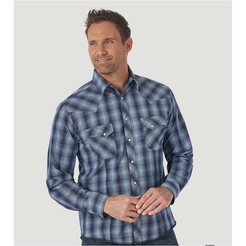 MEN'S LONG SLEEVE FASHION WESTERN SNAP PLAID SHIRT IN DARK BLUE