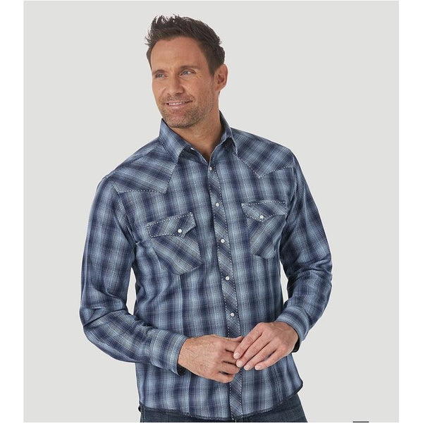 MEN'S LONG SLEEVE FASHION WESTERN SNAP PLAID SHIRT IN DARK BLUE
