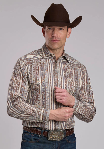 Men's Roper Brown And Cream Print Western Shirt