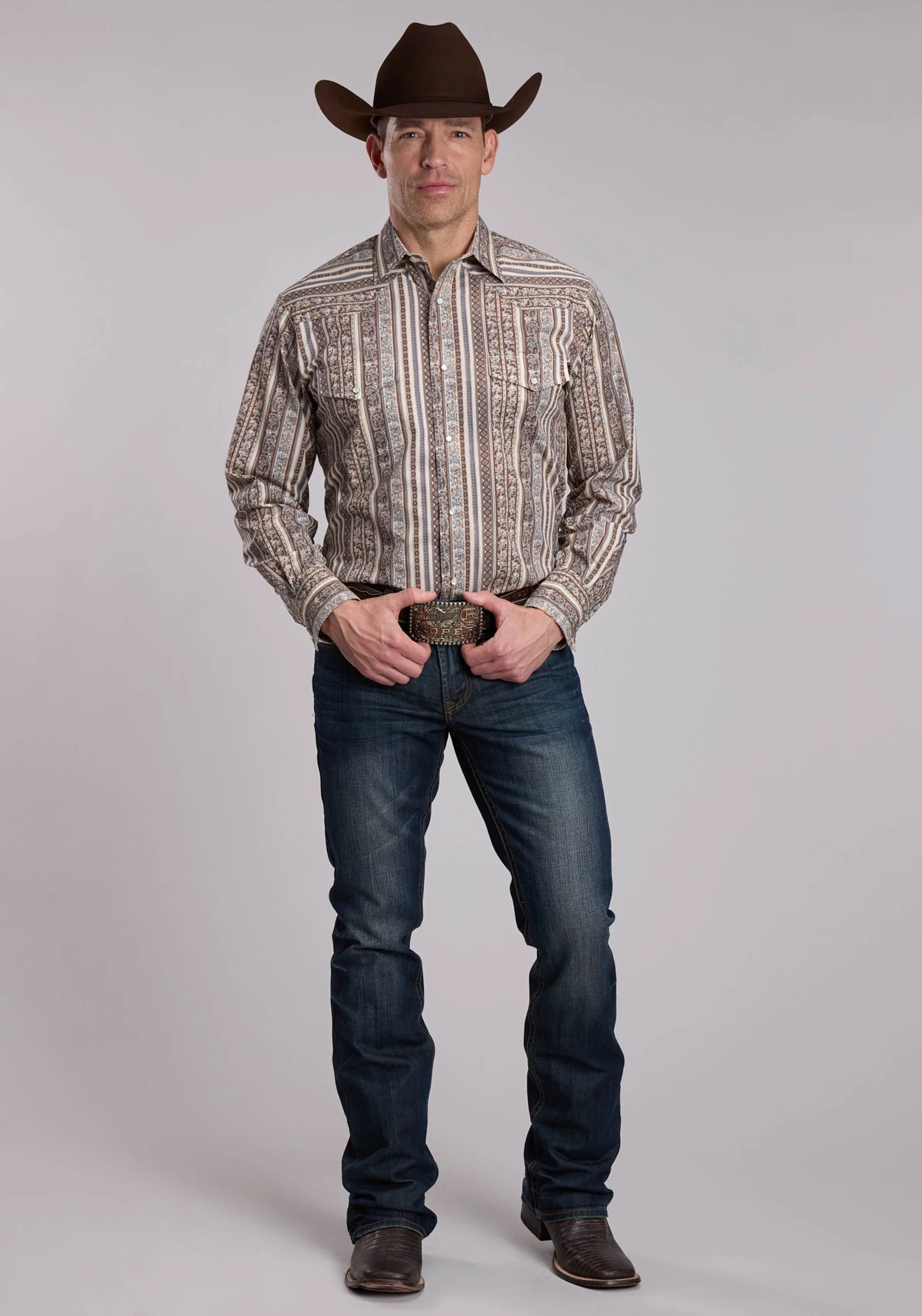 Men's Roper Brown And Cream Print Western Shirt