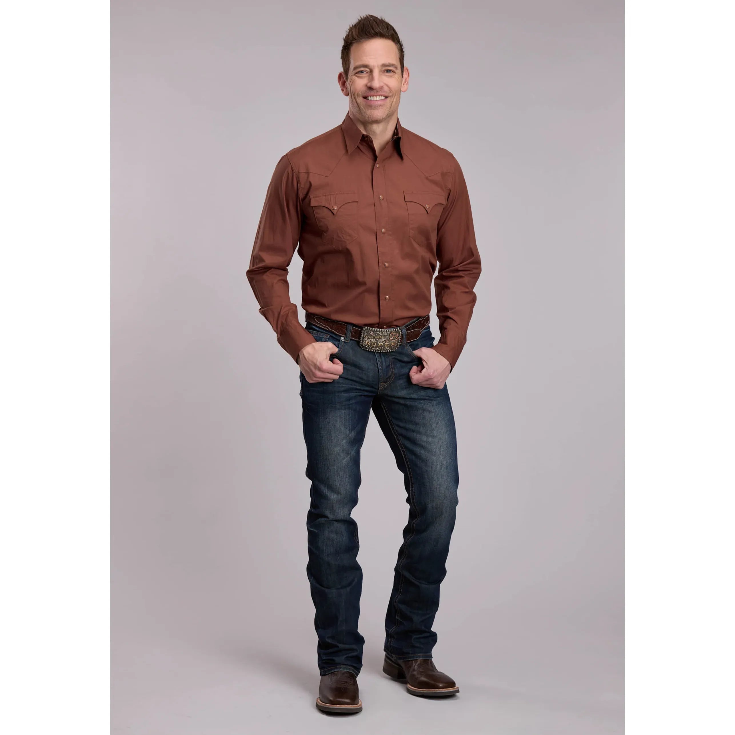 Men's Roper Solid Sienna Brown Western Snap Shirt - CWesternwear