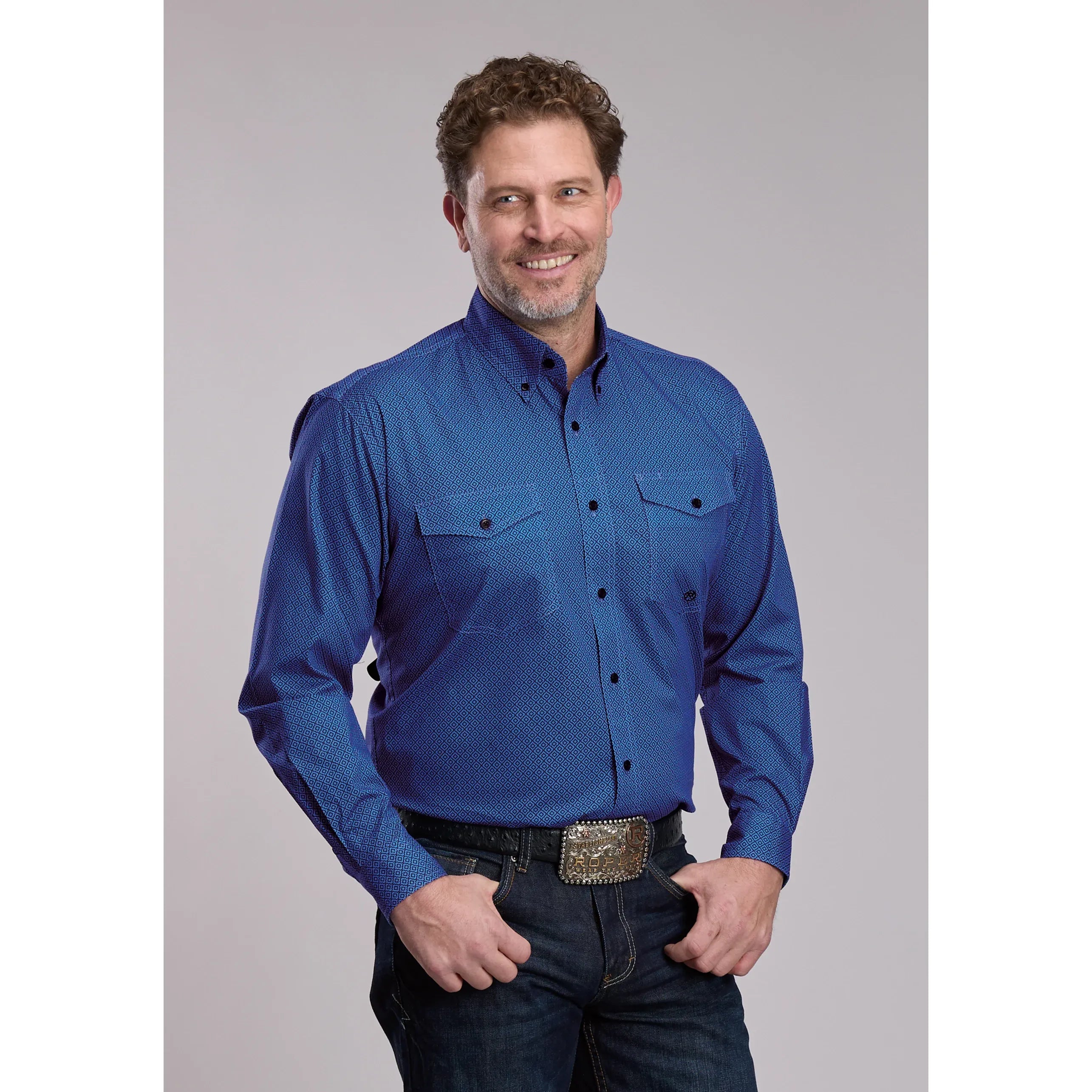 Men's Roper Blue Lattice Stretch Western Button Up Shirt