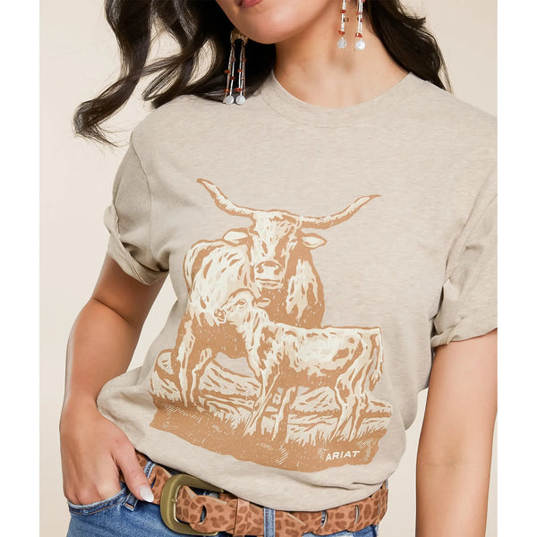Women's Ariat Longhorn Short Sleeve T-Shirt-Oatmeal Heather