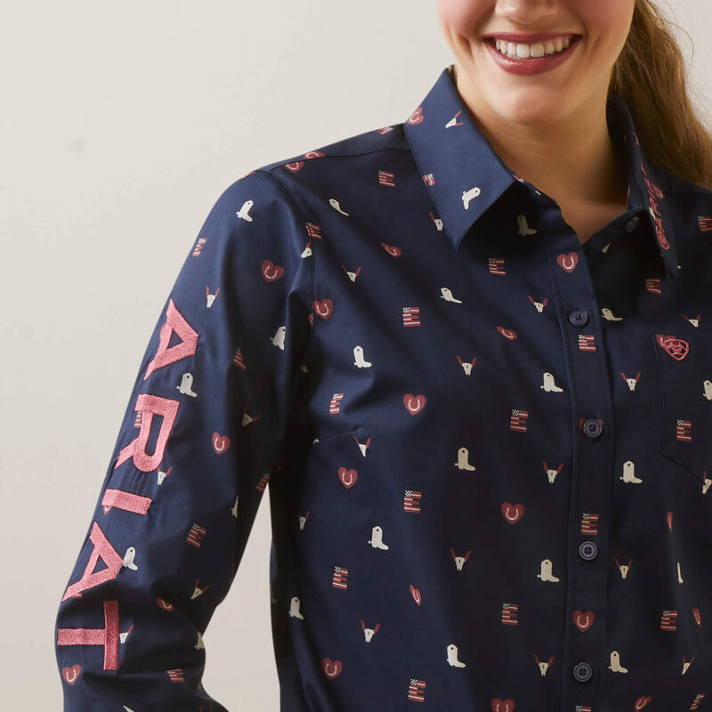 Women's Ariat Wrinkle Resist Team Kirby Stretch Shirt-Western Love Print