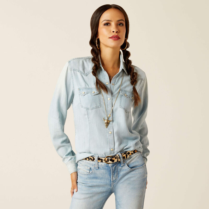 Women's Ariat Blues Snap Long Sleeved Shirt - Bleached Chambray