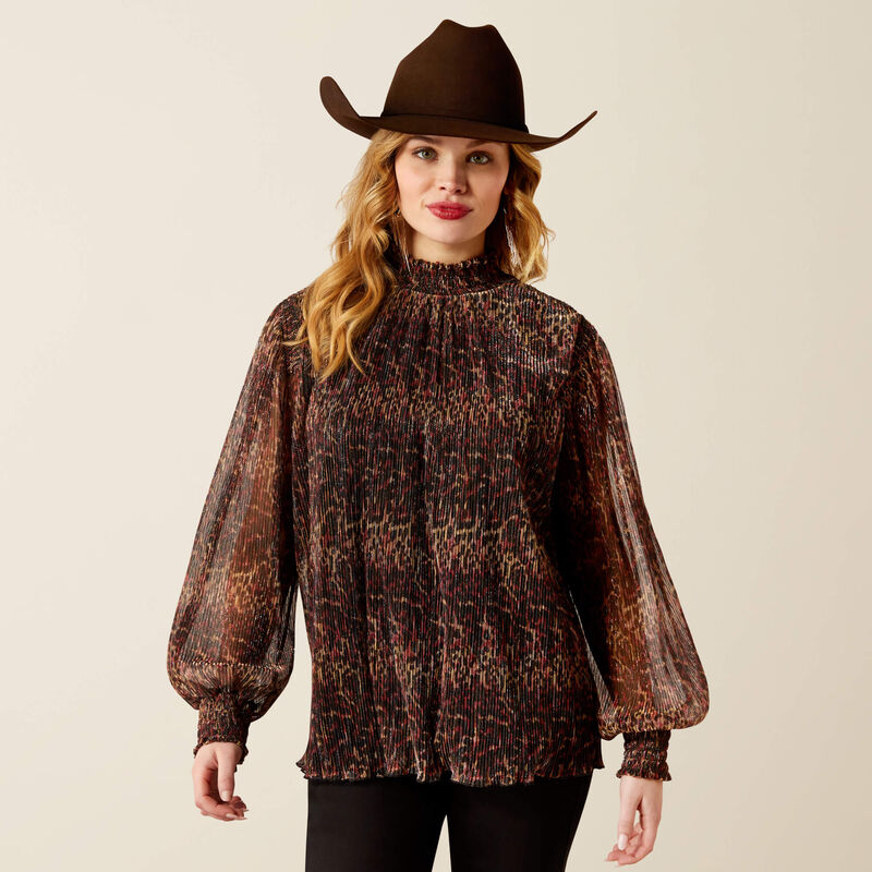 Women's Ariat Plume Pleated Shirt-Leopard Mesh