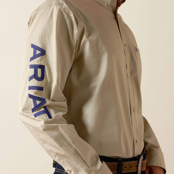 Men's Ariat Team Logo Lightweight Twill Classic Fit Shirt-Khaki/Navy