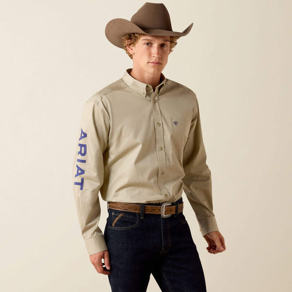 Men's Ariat Team Logo Lightweight Twill Classic Fit Shirt-Khaki/Navy