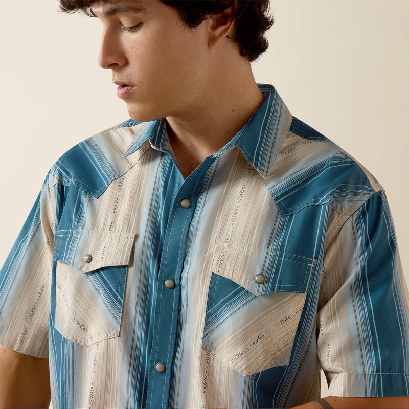 Men's Ariat Retro Hyland Fitted Short Sleeve Snap Shirt-Colonial Blue Stripe