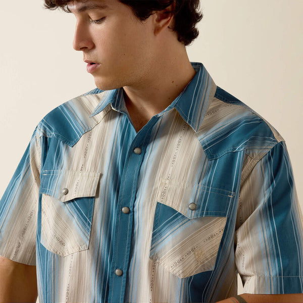 Men's Ariat Retro Hyland Fitted Short Sleeve Snap Shirt-Colonial Blue Stripe