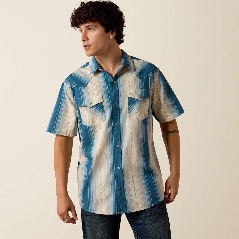 Men's Ariat Retro Hyland Fitted Short Sleeve Snap Shirt-Colonial Blue Stripe