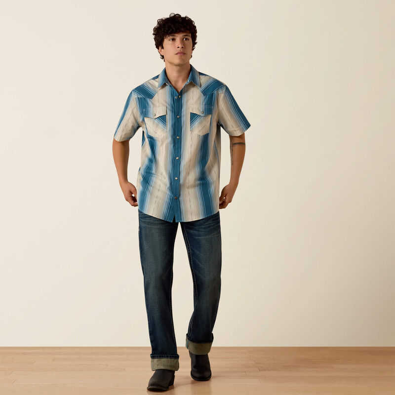 Men's Ariat Retro Hyland Fitted Short Sleeve Snap Shirt-Colonial Blue Stripe