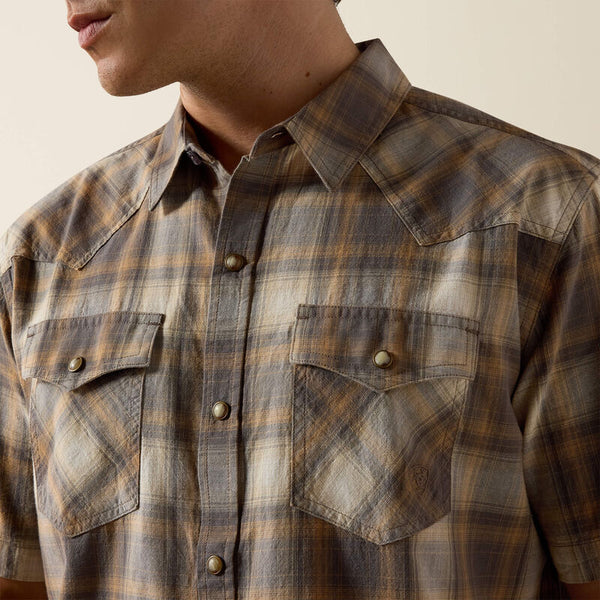 Men's Ariat Retro Helix Fitted Short Sleeve Snap Shirt-Dark Gull Grey Plaid