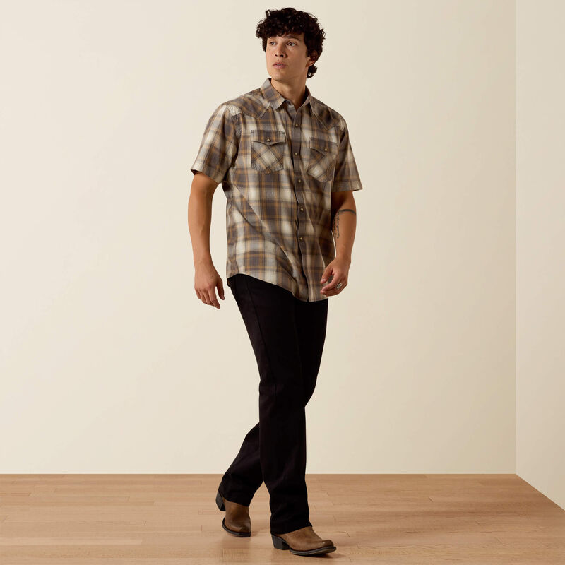 Men's Ariat Retro Helix Fitted Short Sleeve Snap Shirt-Dark Gull Grey Plaid - CWesternwear