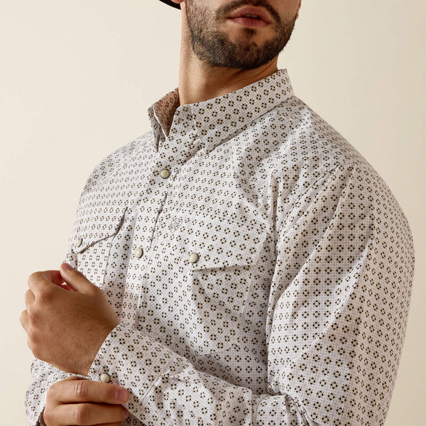 Men's Ariat Franz Fitted Long Sleeve Snap Shirt-White Multi Geo Stripe