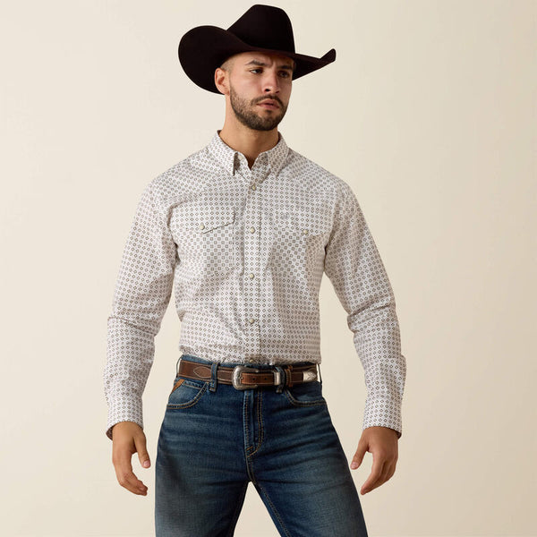 Men's Ariat Franz Fitted Long Sleeve Snap Shirt-White Multi Geo Stripe