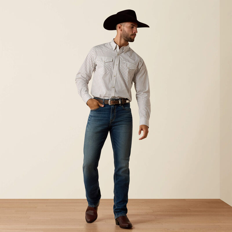 Men's Ariat Franz Fitted Long Sleeve Snap Shirt-White Multi Geo Stripe - CWesternwear