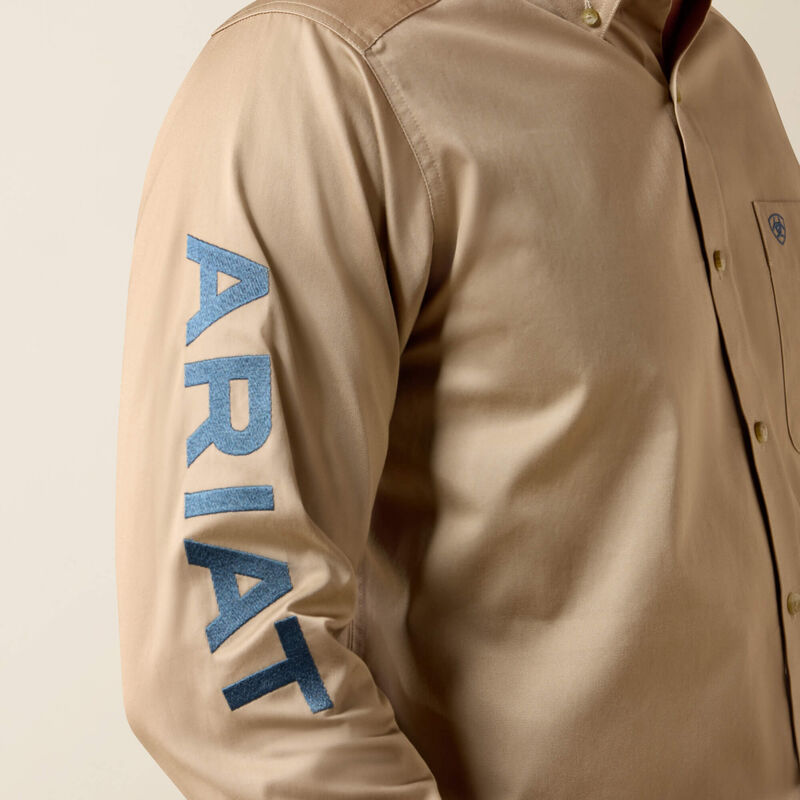 Men's Ariat Team Logo Twill Classic Fit Shirt-Savannah Tan/Navy