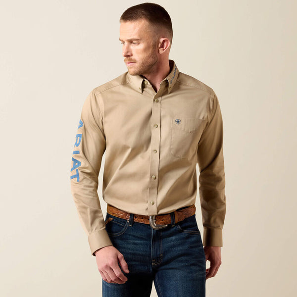 Men's Ariat Team Logo Twill Classic Fit Shirt-Savannah Tan/Navy