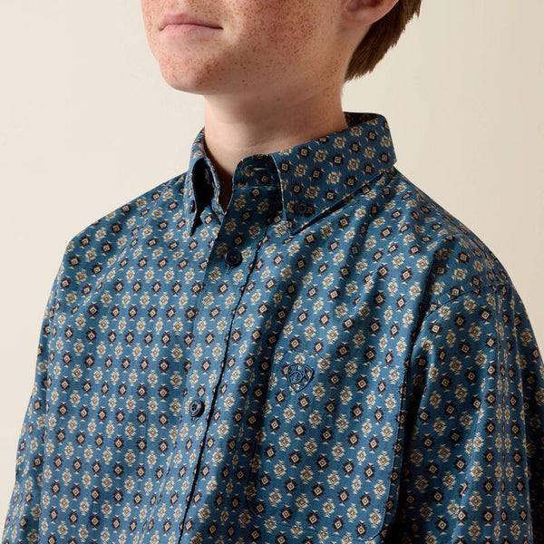Boy's Ariat Lex Classic Fit Shirt-Real Teal Southwest Geo Print