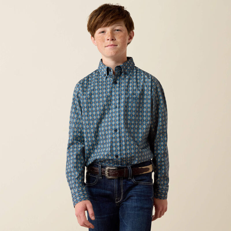 Boy's Ariat Lex Classic Fit Shirt-Real Teal Southwest Geo Print