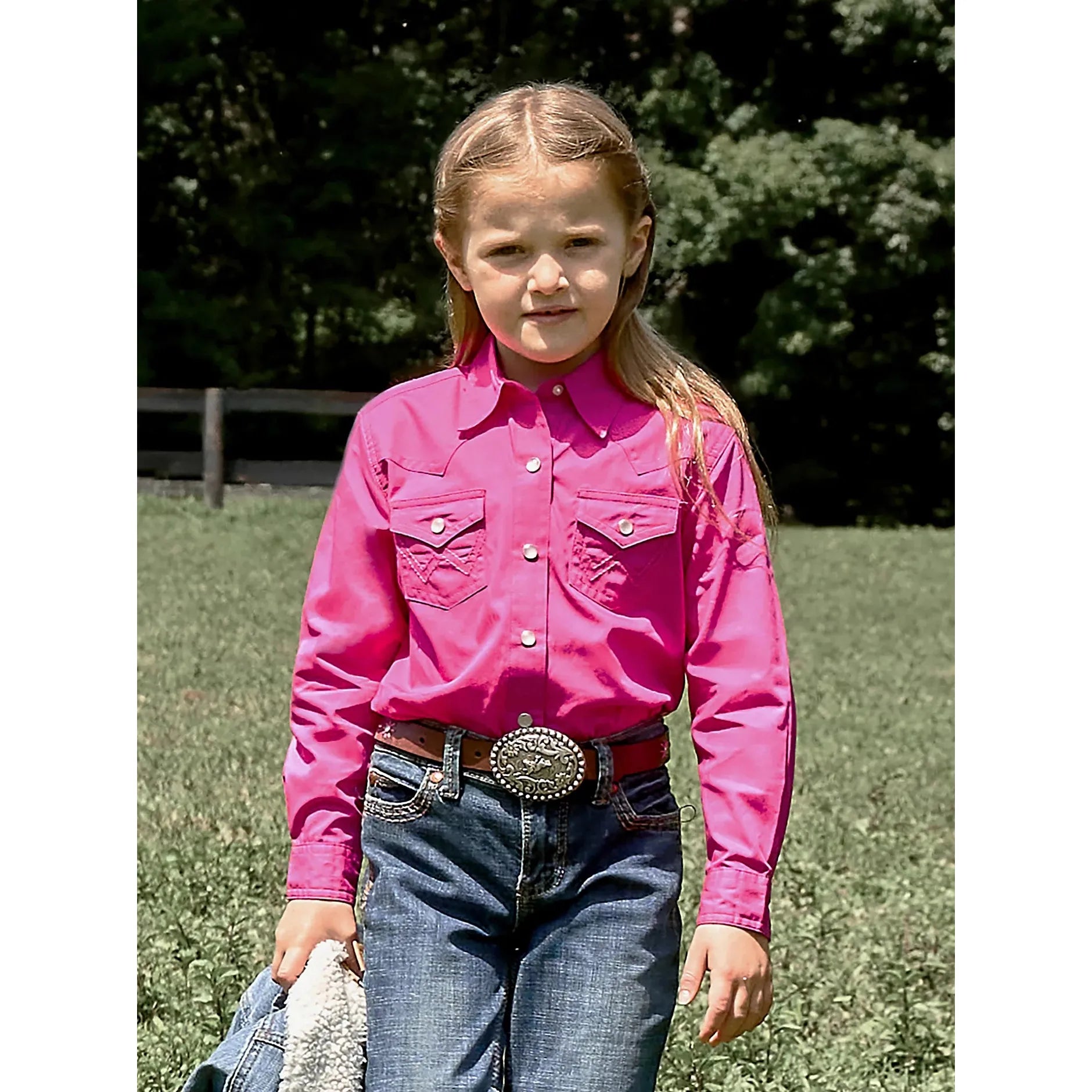 WRANGLER GIRL'S LONG SLEEVE SOLID WESTERN SNAP SHIRT-PINK