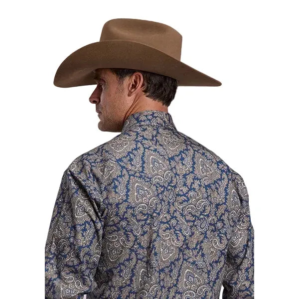Men's Stetson Snap 2 Pocket Navy Gold Paisley Print Shirt