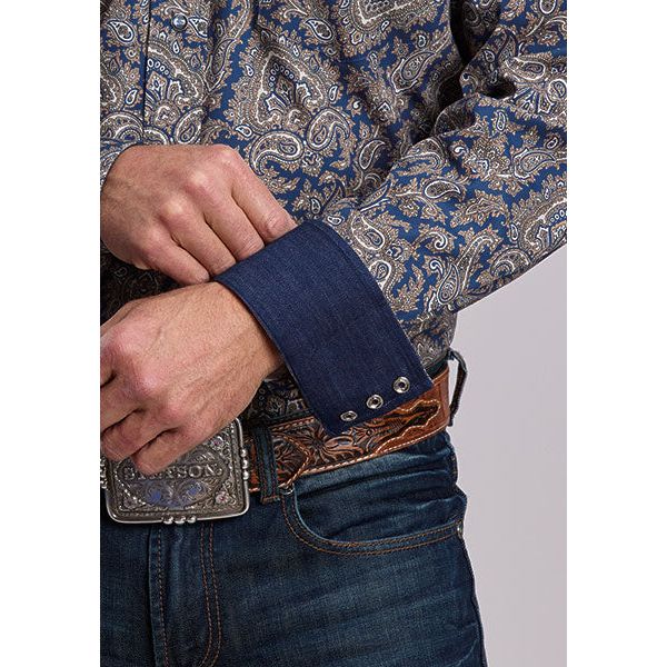 Men's Stetson Snap 2 Pocket Navy Gold Paisley Print Shirt