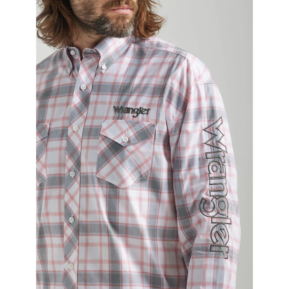 Men's Wrangler Team Logo Plaid Print Long Sleeve Shirt - White/Gray/Pink