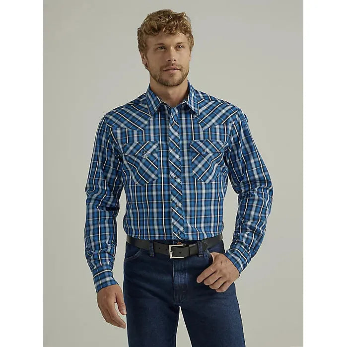 MEN'S WRANGLER LONG SLEEVE FASHION WESTERN SNAP PLAID SHIRT IN STRONG BLUE