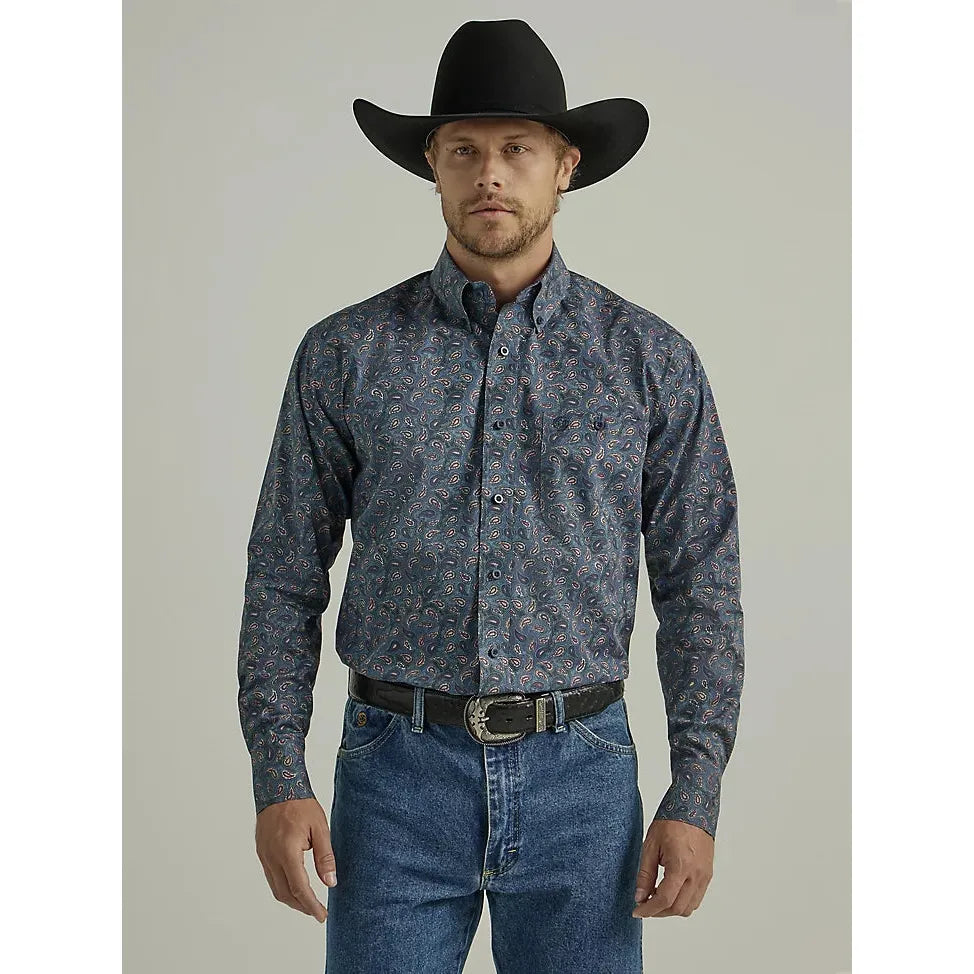 Men's Wrangler® George Strait™ Long Sleeve Button Down One Pocket Shirt in Navy Fushia Paisley